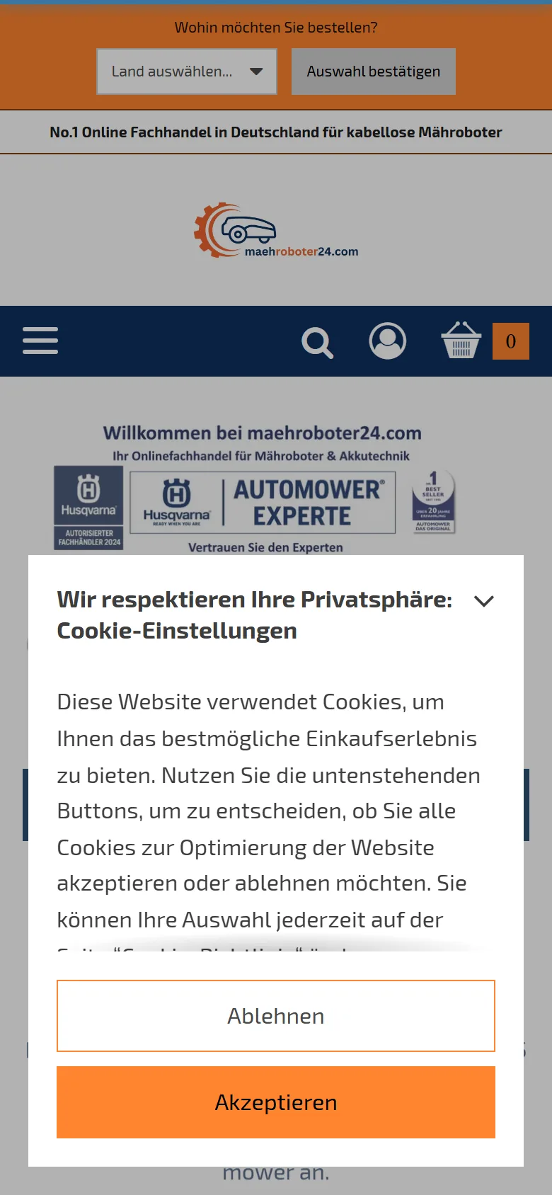 Startseite maehroboter24.com auf dem Smartphone