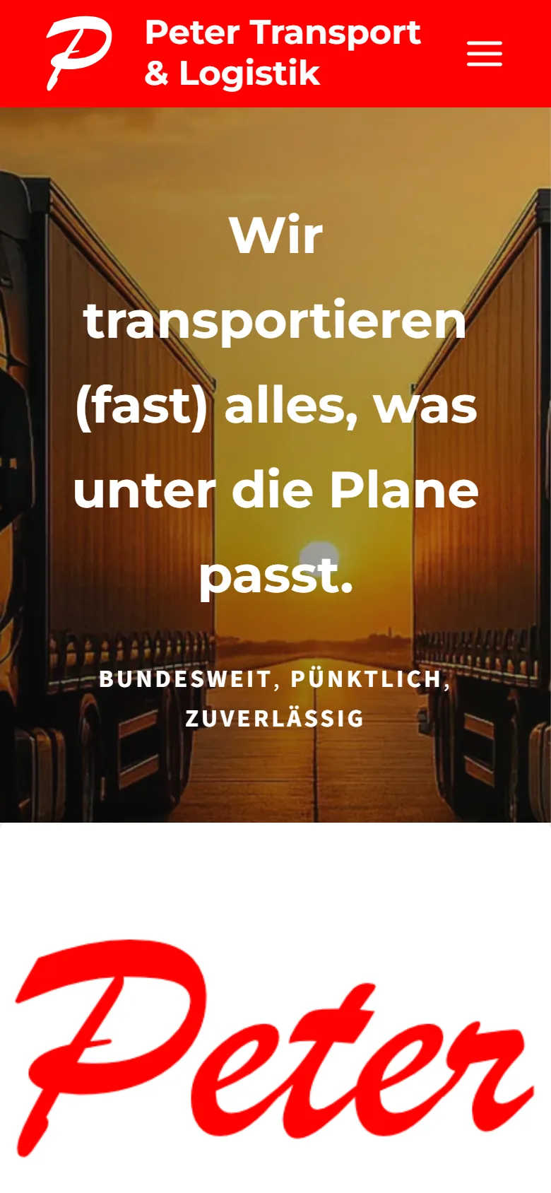 Startseite peter-transporte.de auf dem Smartphone